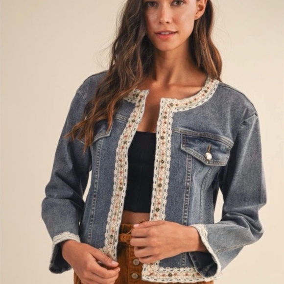 Anniewear Jackets & Blazers - NWOT sz M Blue Denim Jacket with Crochet Details